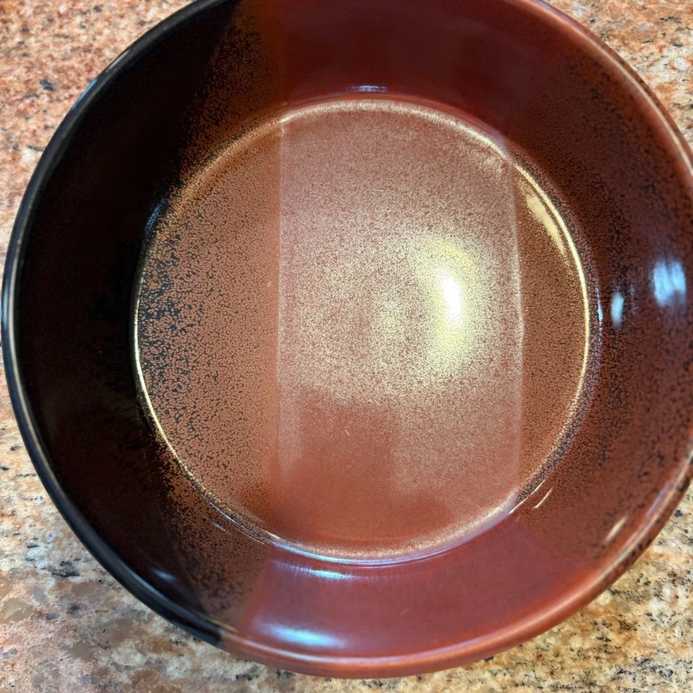 Vtg Brown & Black Speckled Stoneware deep dish 9